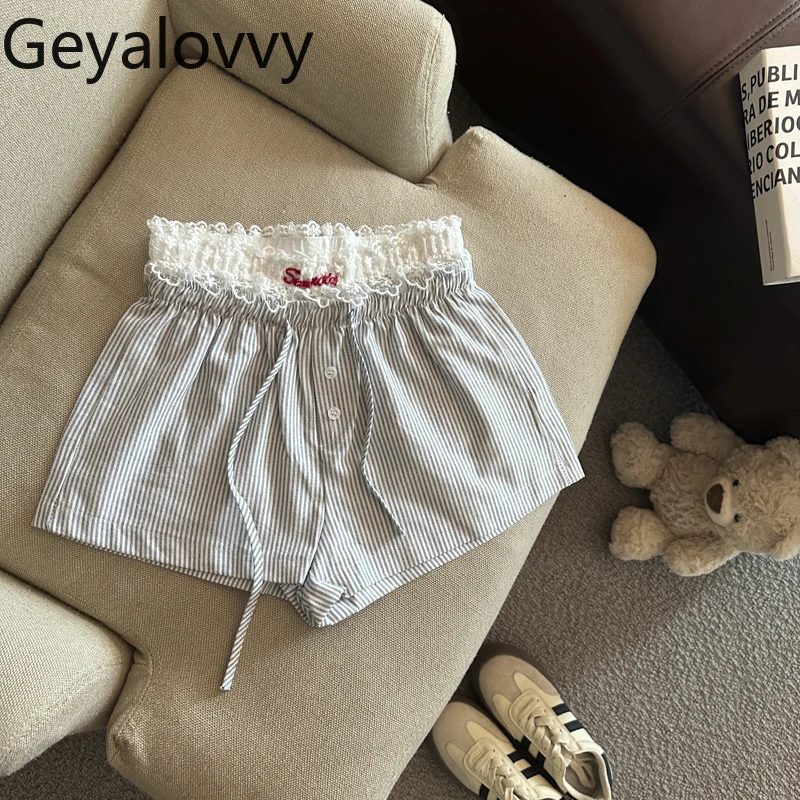 2025 Summer New Female Lace Splicing Casual Shorts Summer Vertical Sweet Striped High Waist Drawstring Wide Leg Short Pants