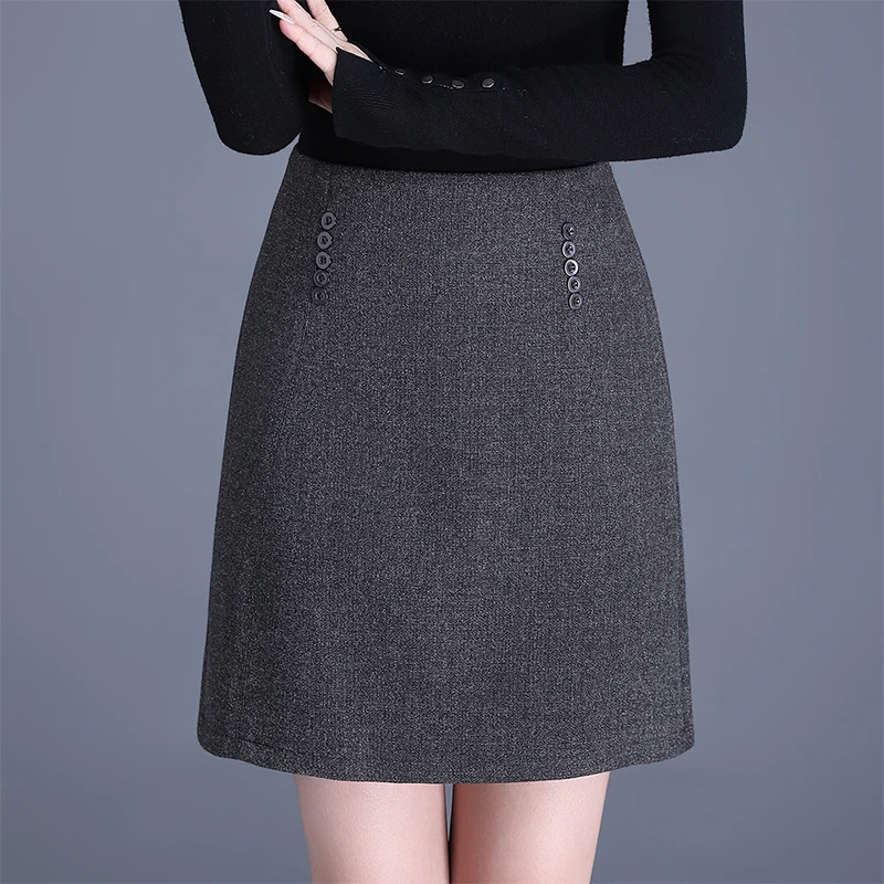 

Женская шерстяная юбка с высокой талией, осенне-зимняя новинка, универсальная, для офиса, А-силуэт, модная короткая юбка, облегающая юбка