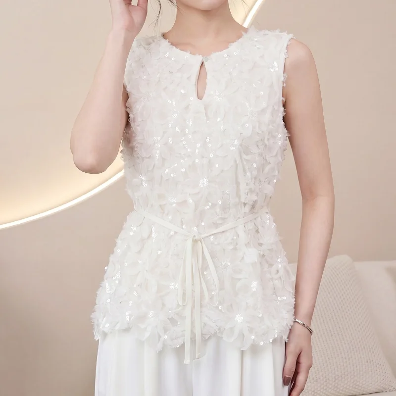 French Elegant Sleeveless Openwork Lace Top Women's Vest High Quality Shiny Sweet O Neck  Elegant Lady Vest Top Summer