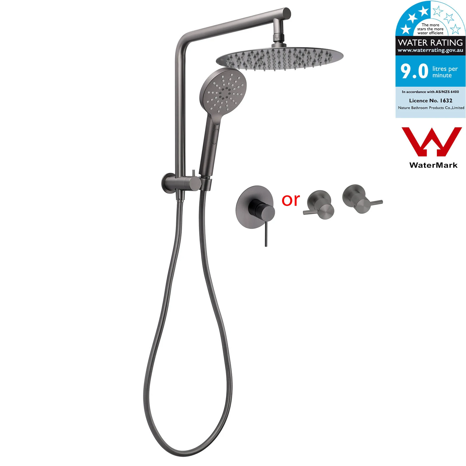 **Sydney Stock** KYLINS 2 In 1 Shower Head Set Round 8/10/12/16'' Rainfall Head Gooseneck Arm Mixer Taps Set Gun Metal Grey WELS