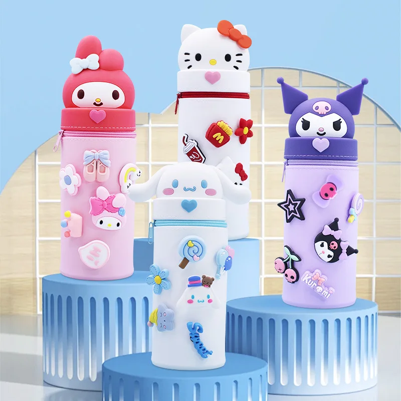 Sanrio Silicone Folding Dual Purpose Pen Holder, Olá Kitty, Melody, Kuromi, Cinnamoroll, Papelaria De Escritório, Caixa De Armazenamento, Presentes