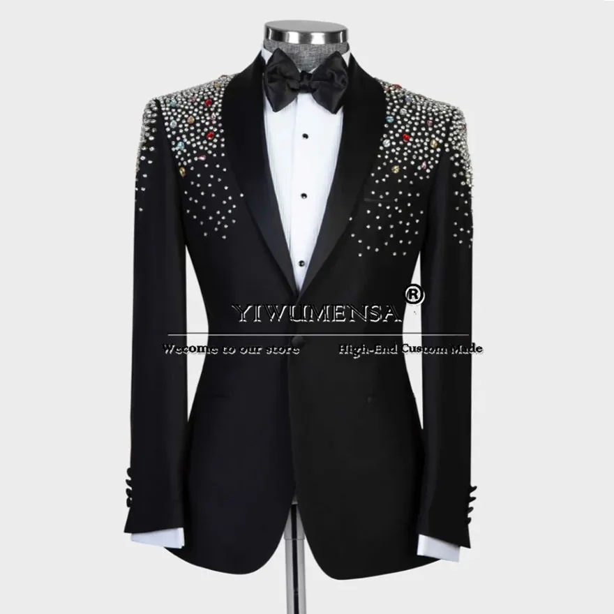 Sparkly Crystals Beaded Suits Men Formal Man Party Single Breasted Jacket Pants 2 Pieces Set Groom Tuxedo Male Fashion Clothing