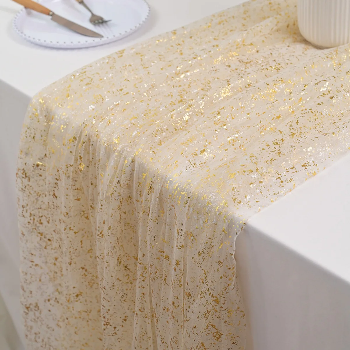 Gold Table Runner Sheer Chiffon Tulle Cheesecloth Golden Sequin Glitter Centerpiece Table Decor for Christmas Bridal Baby Shower