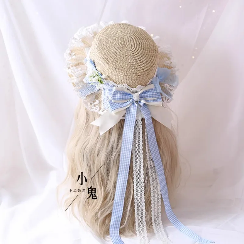 Multi-colored plaid straw hat Japanese versatile pastoral light blue sweet bow hats