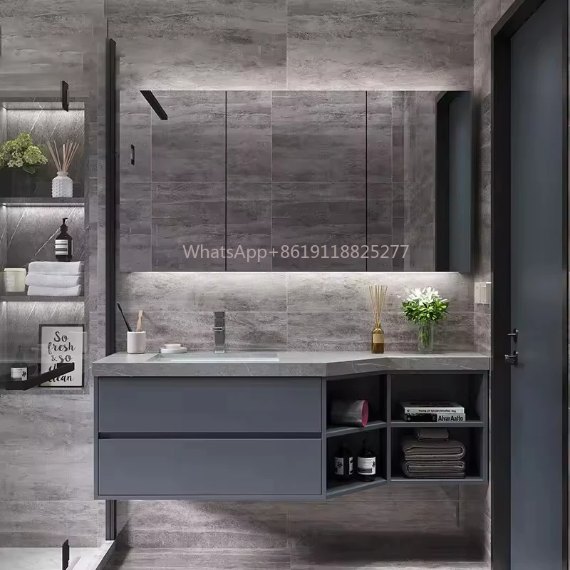 mirror special-shaped bathroom cabinet vanity  solid wood Inclined corner combination modern rock slab toilet intelligent