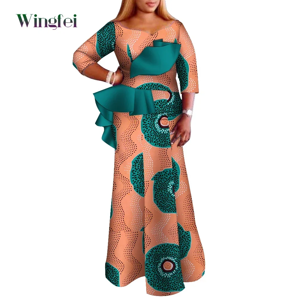 Robe Africaine Femme Ankara Fashion Print African Dresses for Women Dashiki Women Maxi Long Pleated Dress African Clothes Wy9512