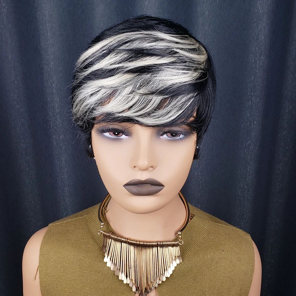 짧은 스트레이트 픽시컷 가발 블랙 그레이 밥 가발 앞머리 포함 기계 제작 브라질 레미 인모 가발 흑인 여성용