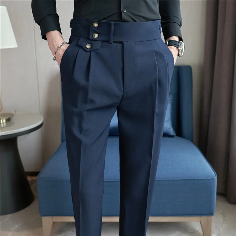 High Waist Men Suit Pants 2024 British Style Casual Dress Pants Men Slim Fit Trousers Formal Office Wedding Party Pantalon Homme