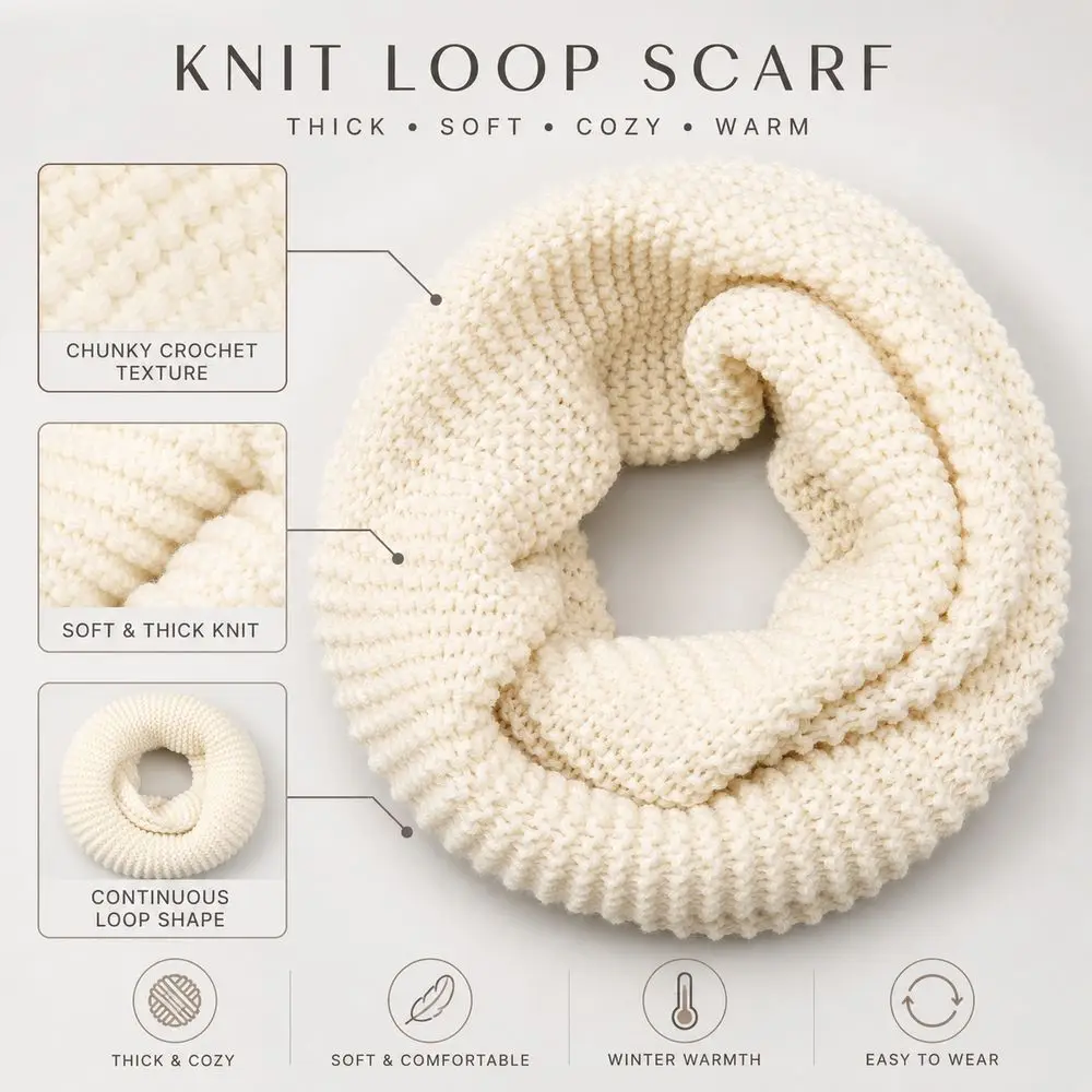 Fashion Soft Knit Scarf Solid Color Crochet Texture Circle Neck Scarf Continuous Loop Winter Neck Warmer Winter Wear