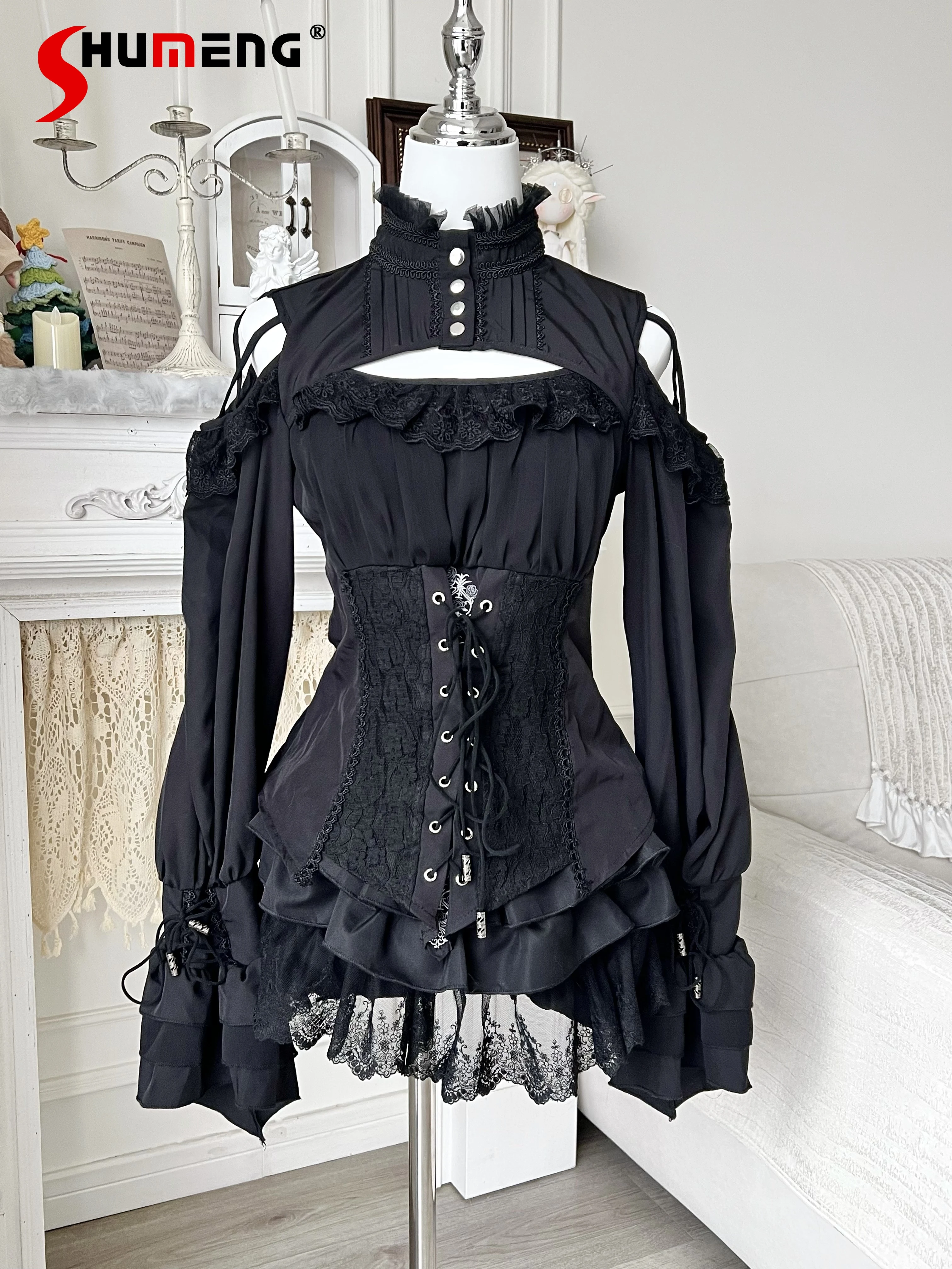 

Original Subculture Gothic Black Off-the-Shoulder Shirt Skirt Outfit Spring New Hot Girls Slimming Lace Patchwork Top Mini Skirt