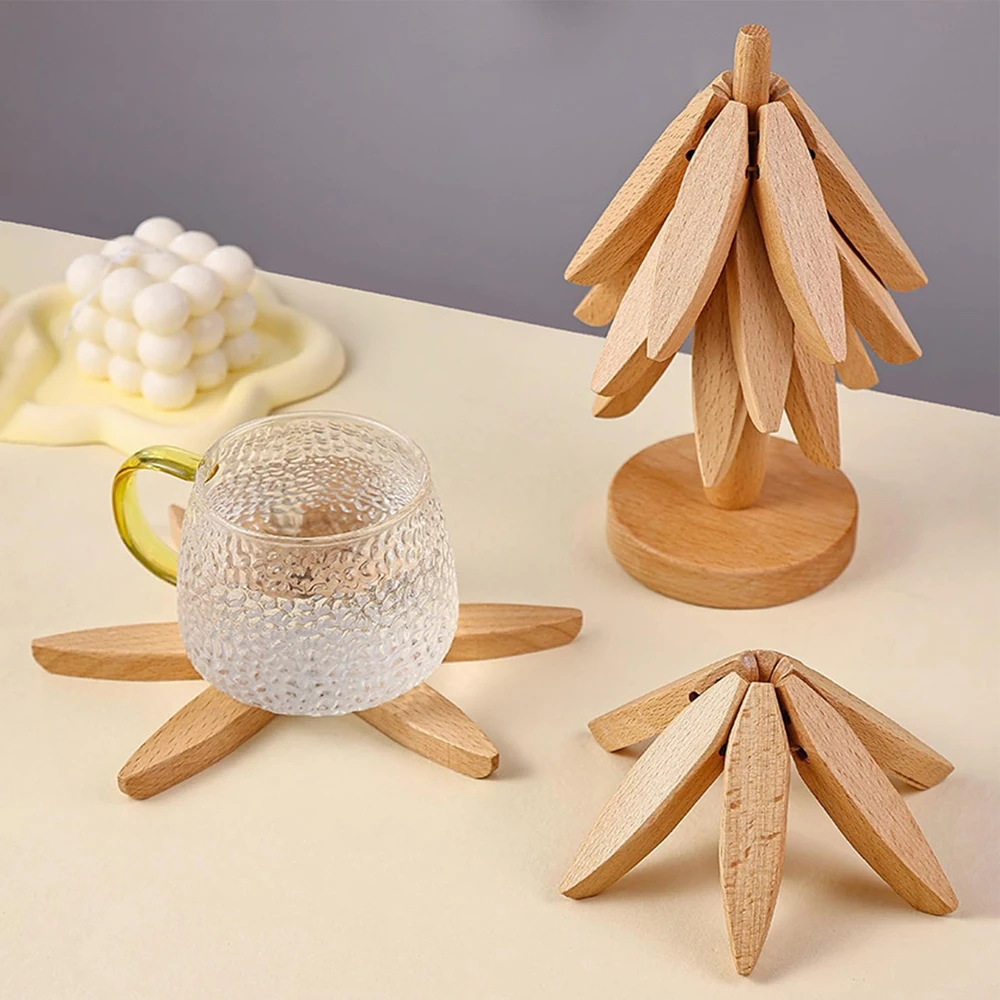 Holz-Untersetzer-Set mit 4 Stück und Präsentationsständer – Faltbare Hitzeschutzunterlagen – Verbrühungsschutz-Tischmatte für Heißes Kochgeschirr – Kompaktes, platzsparendes Design – Küchen- und