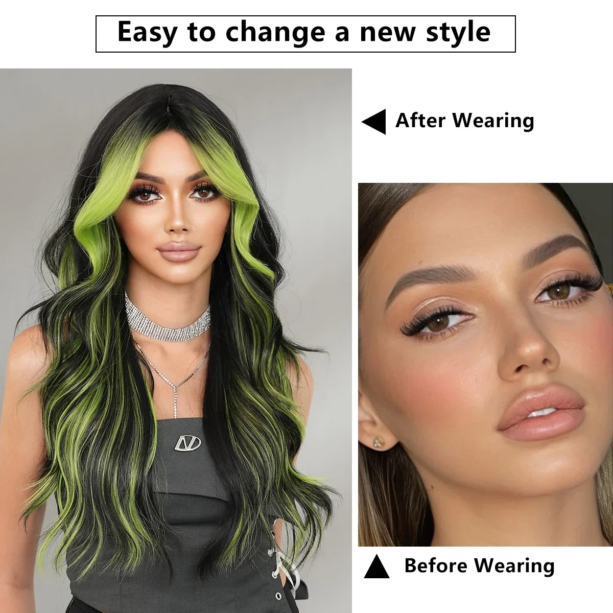 NAMM Layered Wig Synthetic light Green Wig for Women Cosplay Highlight Dyeing Green Wavy Wigs with Fluffy Bangs Resistant Fiber