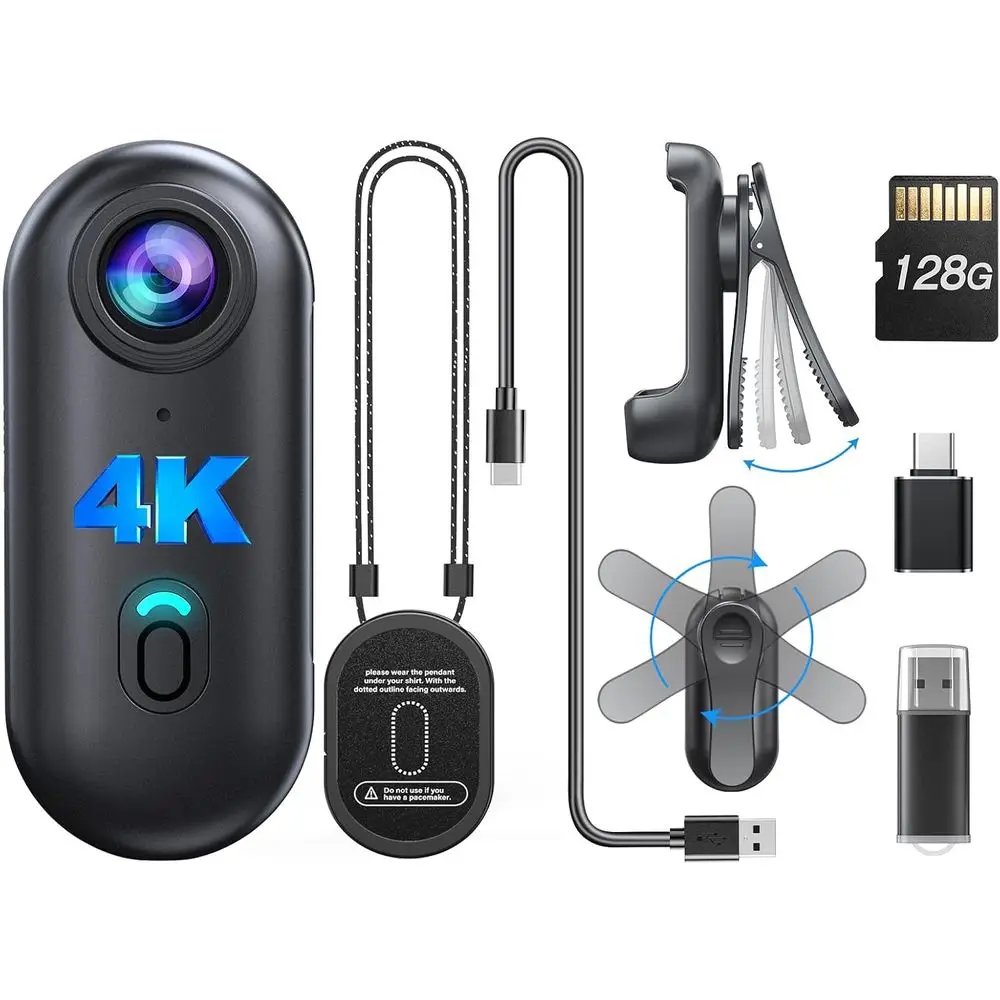 

Mini 4K Body Camera, 128GB Storage, 360° Rotatable & Magnetic Clip, 96-Minute Recording, Ideal for Lectures, Travel, and Outdoor