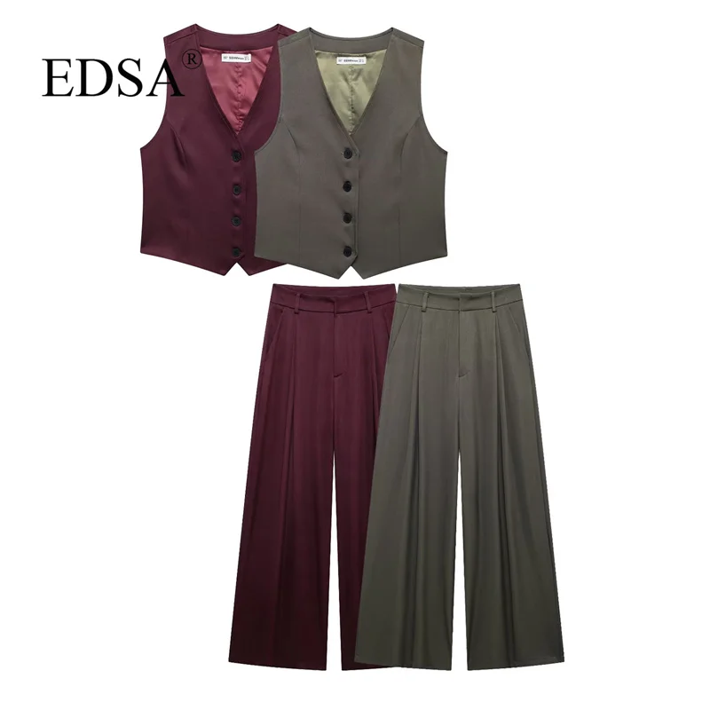 EDSA Women Solid 2 Pcs Pant Set Tailored Waistcoat & HIgh waist Wide Leg Straight Trousers for Office Lady Suits Vest Outerwear