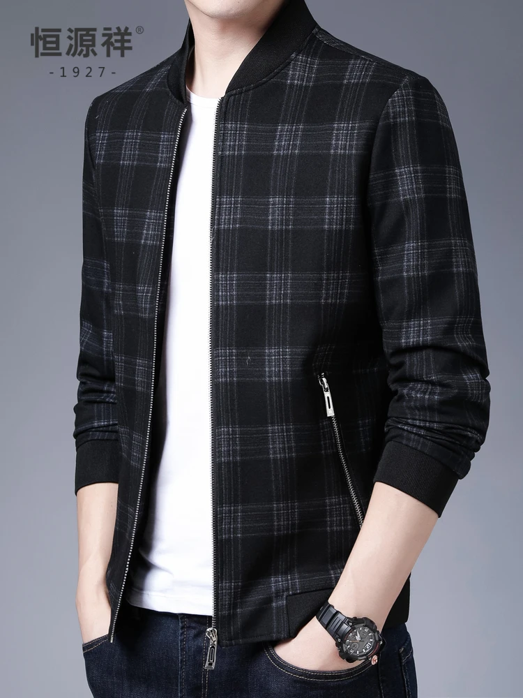 Fashionable Winter Men's Baseball Collar Jacket with Zipper Pockets Casual Checkered Patterned Outerwear by Hengyuanxiang