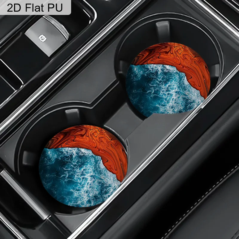 Set Of Two Round Coasters Featuring A Red Swirl Wood Design And A Blue Ocean Wave Pattern, Measuring 2.75 Inches. These Faux Lea