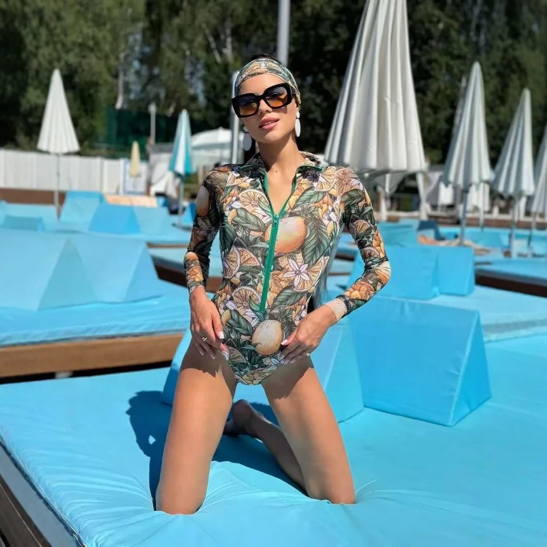Women Long Sleeve Zipper Swimsuit UV Protection Rash Guard SPF Sunblock Surfing Suit Diving Swimwear Beach Sportswear Bodysuits