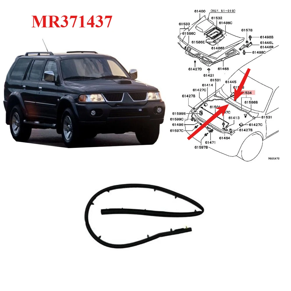 1 Piece Hood Rear Rubber Seal for Pajero Sport 2000-2006 Bonnet Strip for Montero K80 K90 Body Engine Protect Sealing MR371437