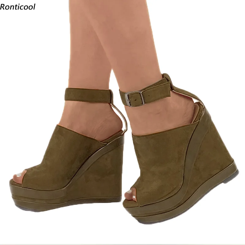 

Ronticool/Новые женские сандалии ручной работы с ремешком на щиколотке, удобные элегантные армейские зеленые повседневные туфли на танкетке с открытым носком, размер США 5-20