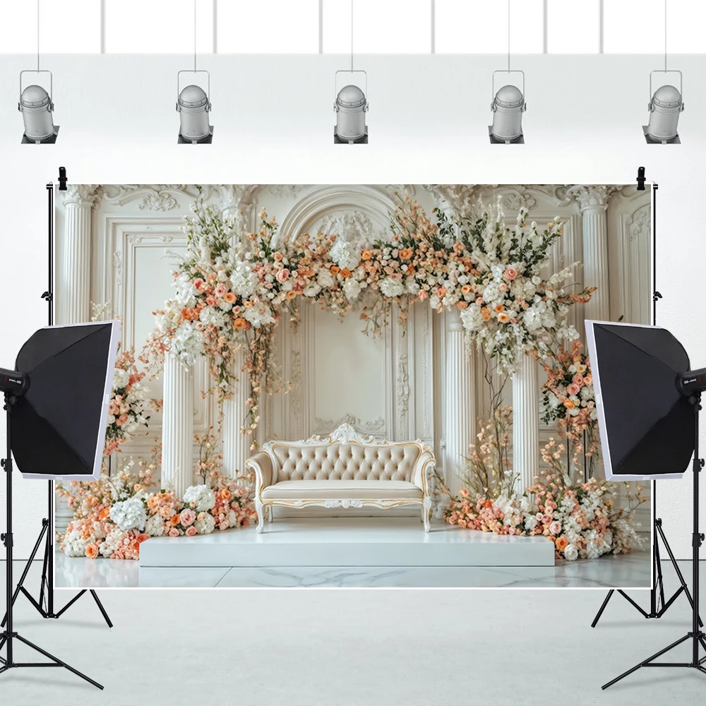 European Castle Window Wedding Backdrop Elegant Pink Rose Floral Arched Wall Photography Background for Birthday Party Decor