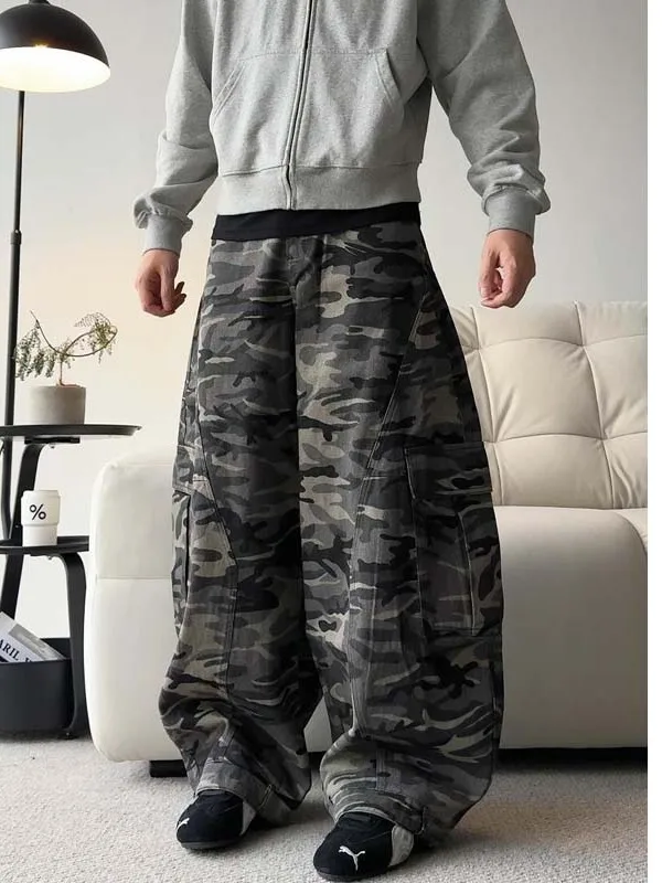 

American Sle Vintage Camouflage Work Pants Loose Wide Leg Jeans Men's Cleanfit Faded Knife ey Youth Casual Trousers