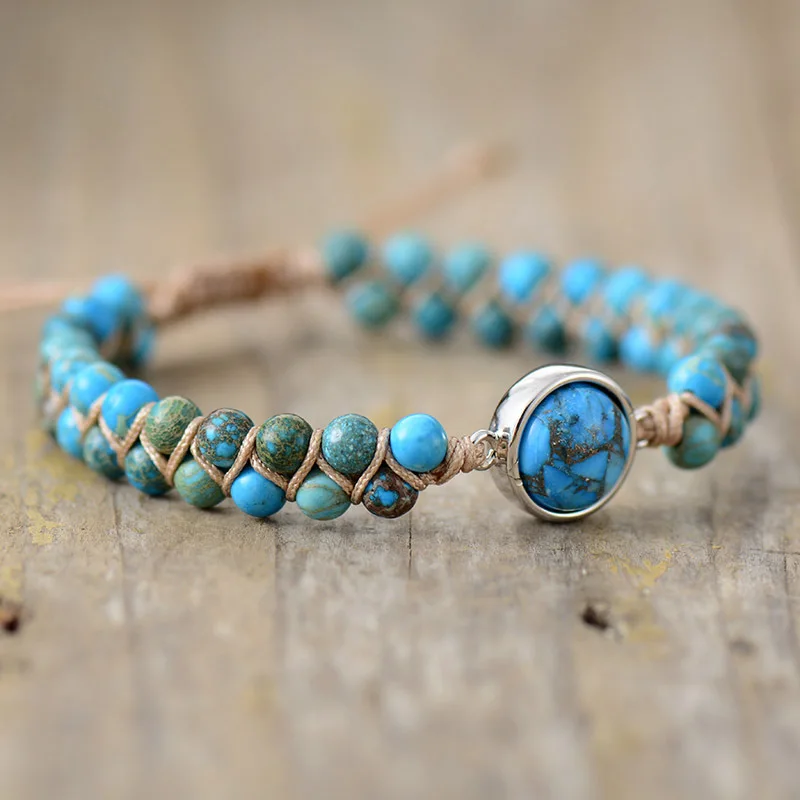 Custom Handmade Turquoise Emperor Stone Double Layer Braided Beaded Adjustable Bracelet Boho Ins Chinese Style Jewelry As A Gift