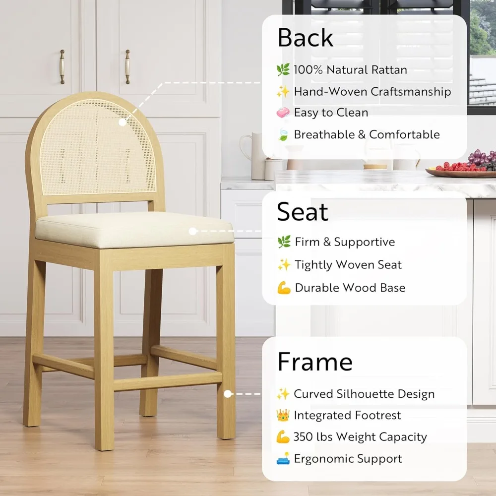 مجموعة مقاعد بار الروطان المنجدة مكونة من 2، مقاعد خشبية بارتفاع منضدة مع ظهر منسوج من الروطان الطبيعي ومقعد شانيل، منتصف المئزر #4