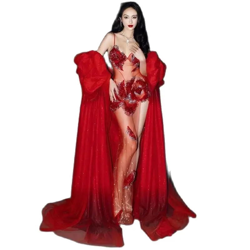 Women\'S Party Festival Outfit Red Perspective Mesh Tail Evening Dress Sexy Gogo Dancer Costumes Stage Catwalk Wear XS8330