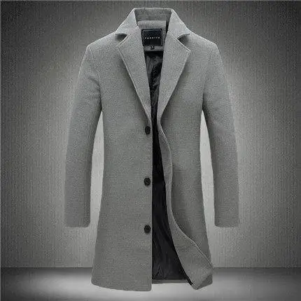 

Gray Woolen Fashion Outerwear Slim Fit Mid-Length Windbreaker Urban Style Casual Coat for Men Suitable for Evening Wear