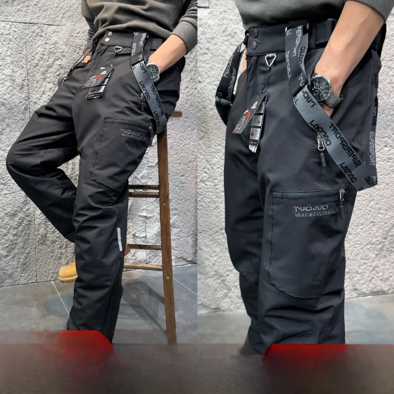 Men's Winter Outdoor Thickened Fleece Lined Ski Pants Windproof Waterproof Cotton Trousers Casual Straight Leg Polyester Fiber