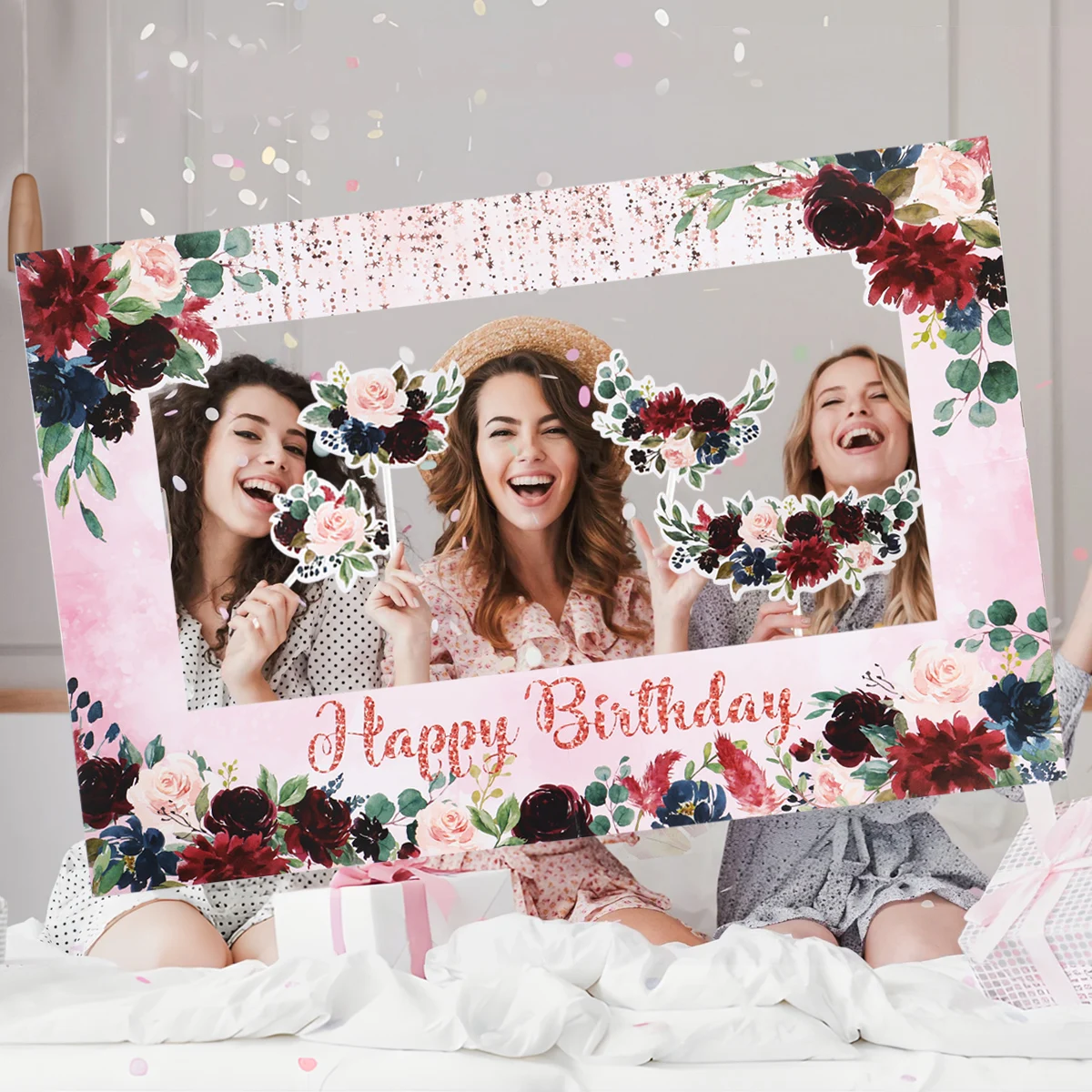 1Set Floral Theme Photo Booth Props Paper Frame Girls Women Birthday Party Decor Birthday Gift Happy Birthday Party Supplies