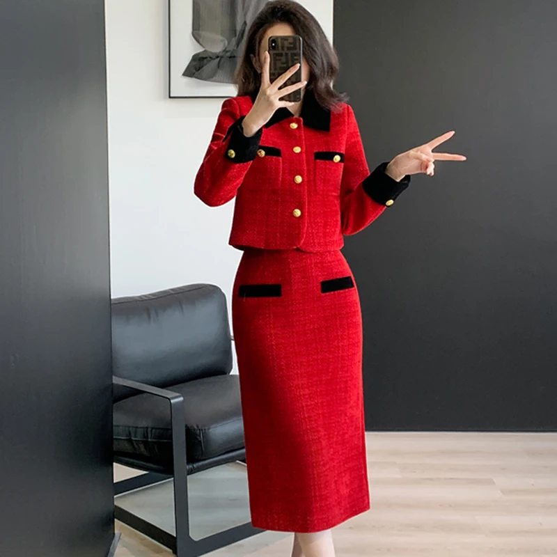 High-Quality Vintage Red Tweed Two Piece Set Women Short Jacket Coat + Bodycon Skirt Suits 2024 Fall Winter Elegant OL Outfits