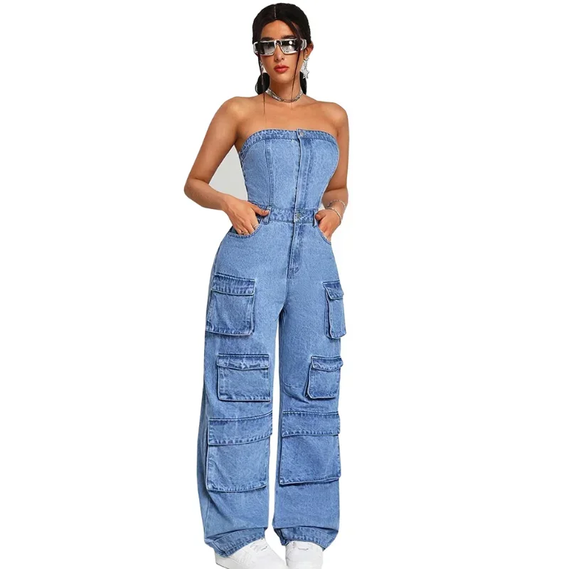 Women Denim One Piece Strapless Sleeveless Long Cargo Pants Jumpsuits Slim Fit Sexy Rompers Tight Waist Wide Leg Pant Overalls