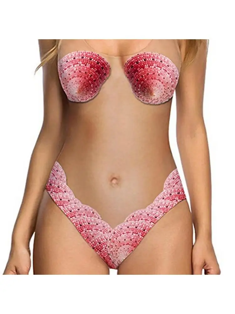 Sexy Skin Tone  Swimsuit Printed Bikini Polyester Material with Chest Pad No Steel Support Triangular Style