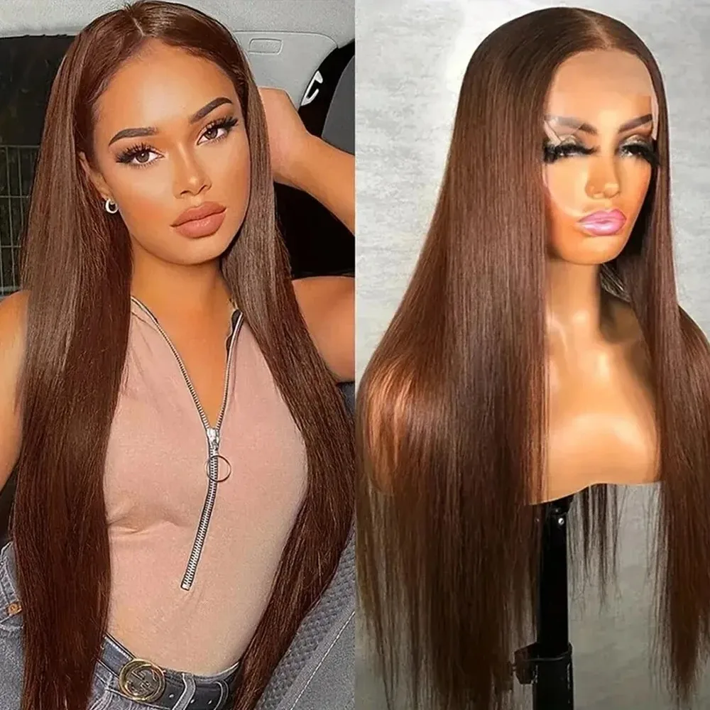 

Шоколадно-коричневый парик, прямой, с кружевной передней частью, из термостойкого волокна, без клея, предварительно прорезанный, синтетический, высокого качества, для повседневного использования и косплея