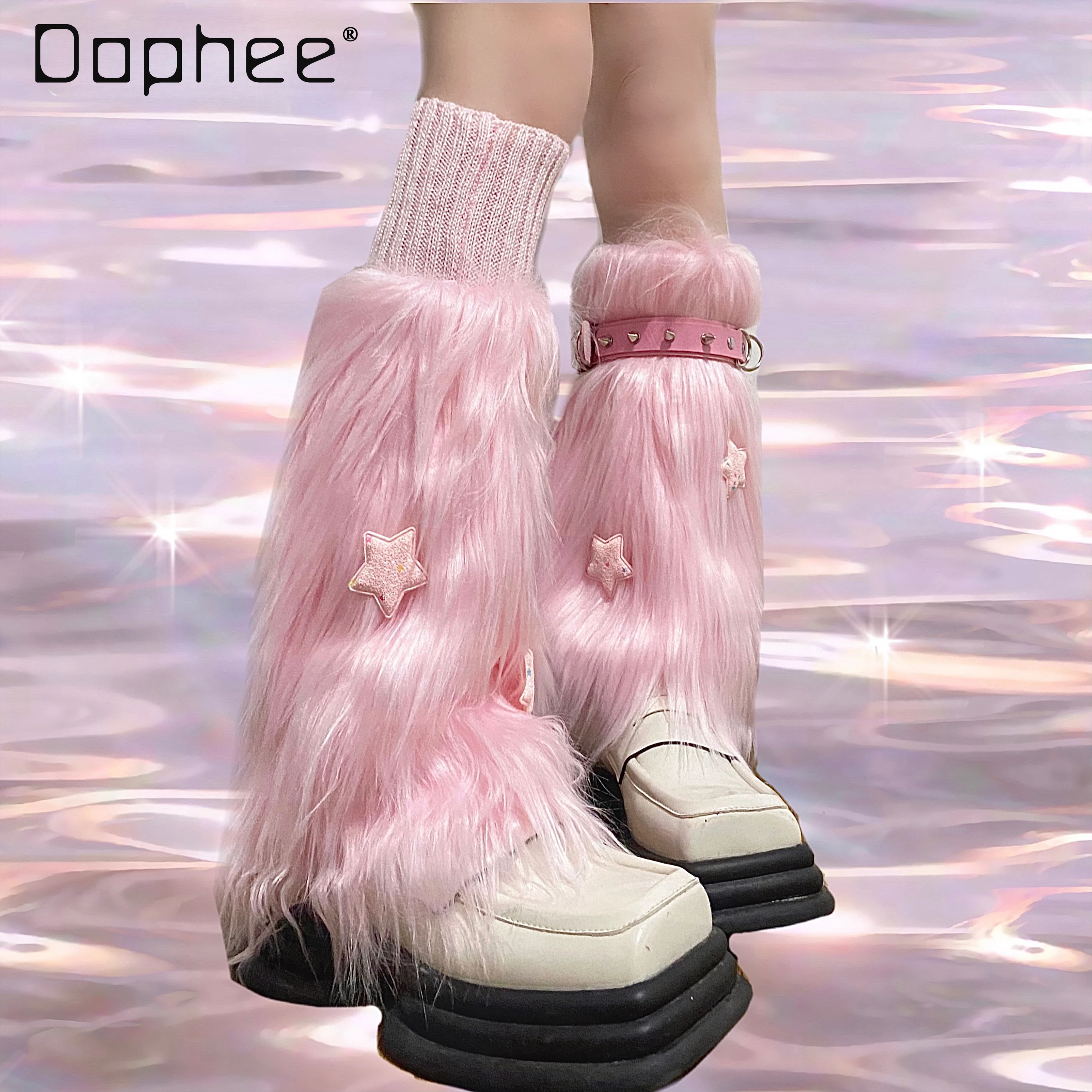 

Pink Plush Y2k Leg Socks Girls Star Rivet Belt Knitted Leg Warmers 3 Piece Sets Harajuku Leg Covers Socks Cute Japanese