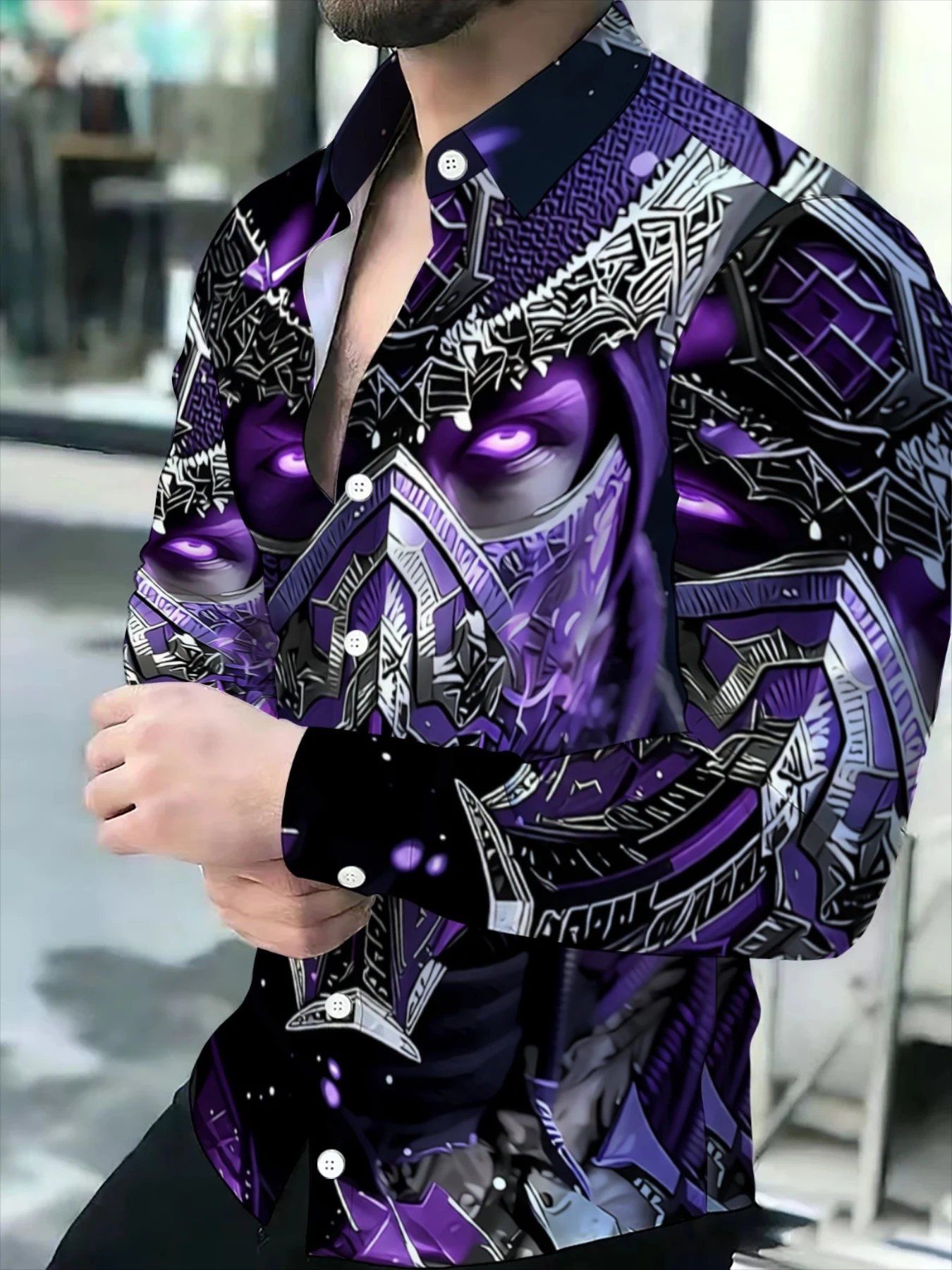 Men Long‑Sleeve Button‑Down Shirt Purple Mask Warrior Armor Print Polyester Lapel Collar Halloween Top