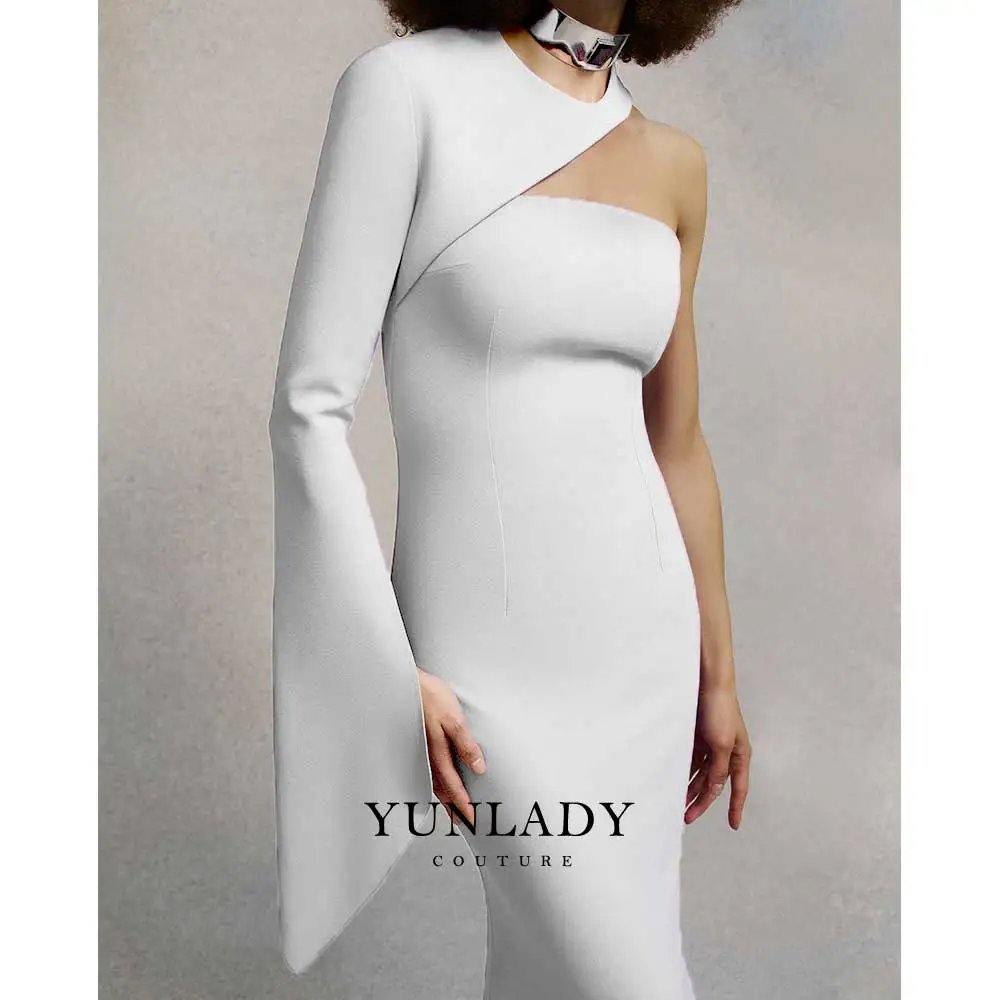 YUNLAN Gorgeous Saudi Women White Crepe One Shoulder Sleeve Cover Up Gown Floor Length Ball Gown 2024 for Wedding Party