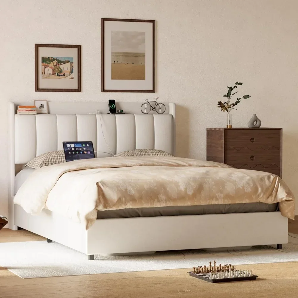 Gas Lift Up Storage Bed with Power Outlets, Wooden Slat Support/No Box Spring Needed,White Beds