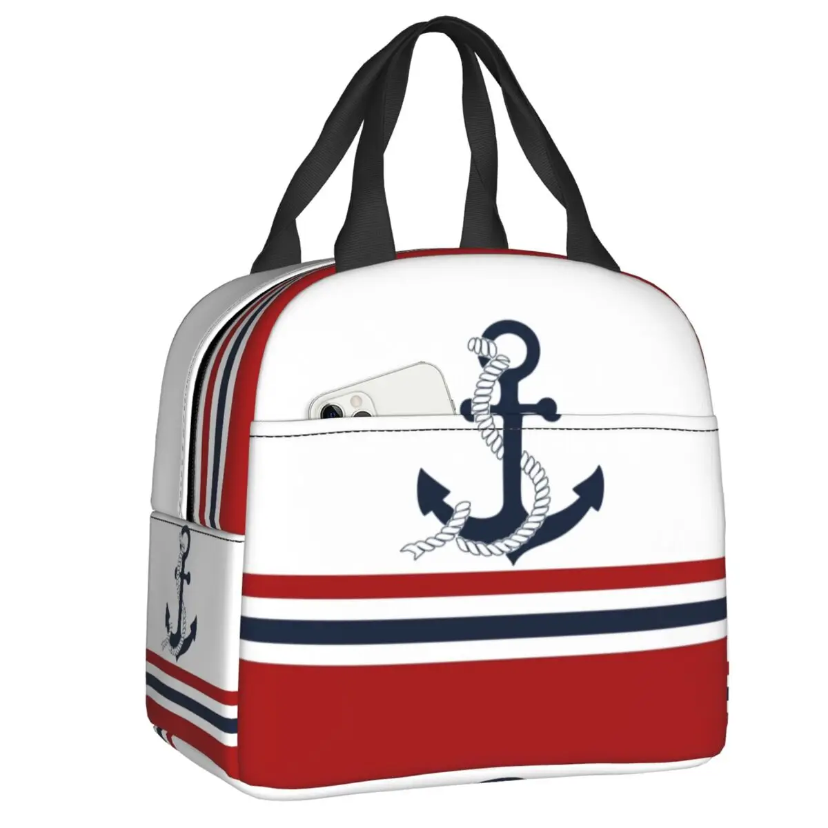 

Custom Nautical Blue Anchors With Stripes Insulated Lunch Bag for Camping Travel Sailor Cooler Thermal Bento Box Women Kids