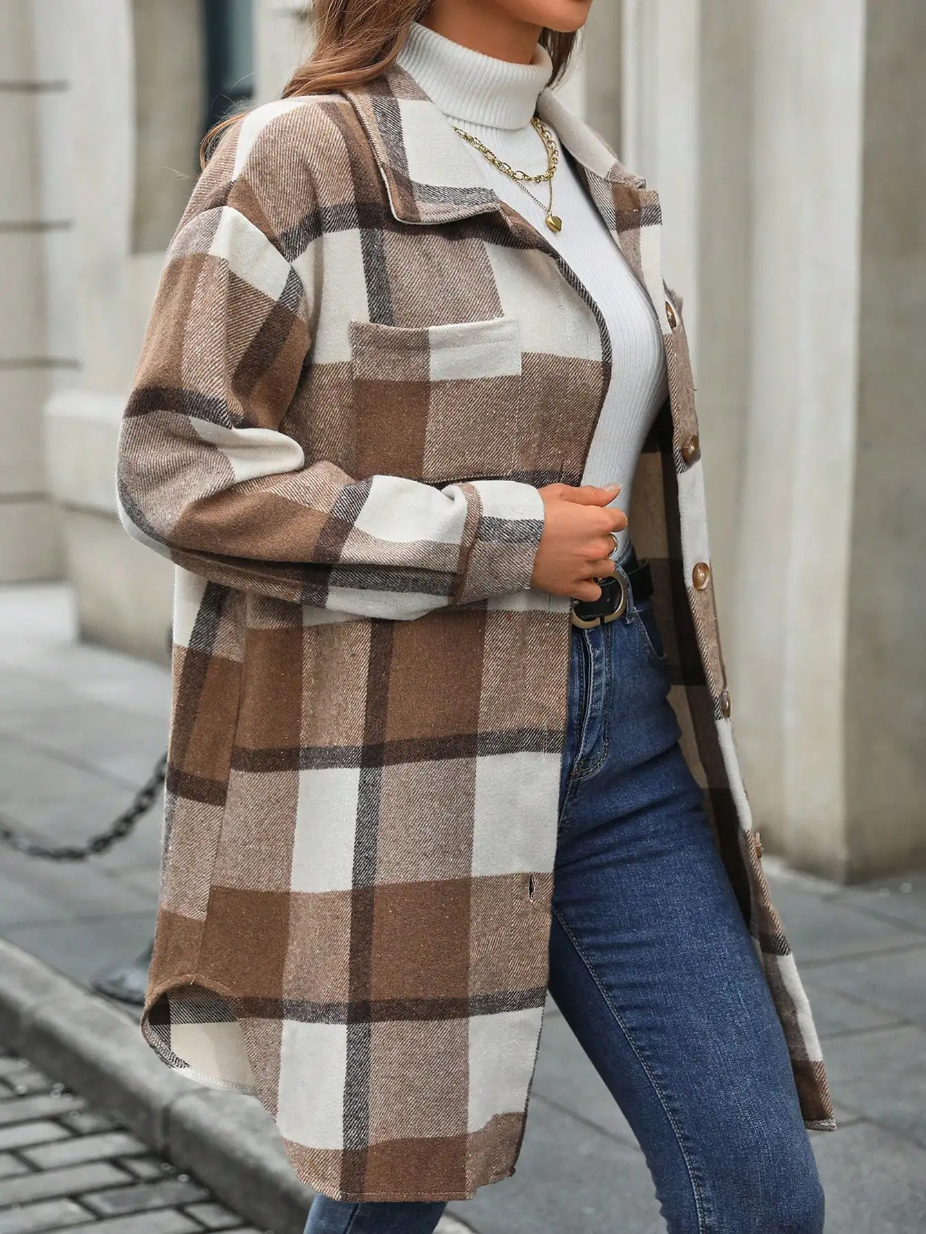 Chaqueta informal de moda cómoda con bolsillo en el pecho, larga, holgada, a cuadros, de manga larga, con botonadura, Otoño/Invierno Otoño