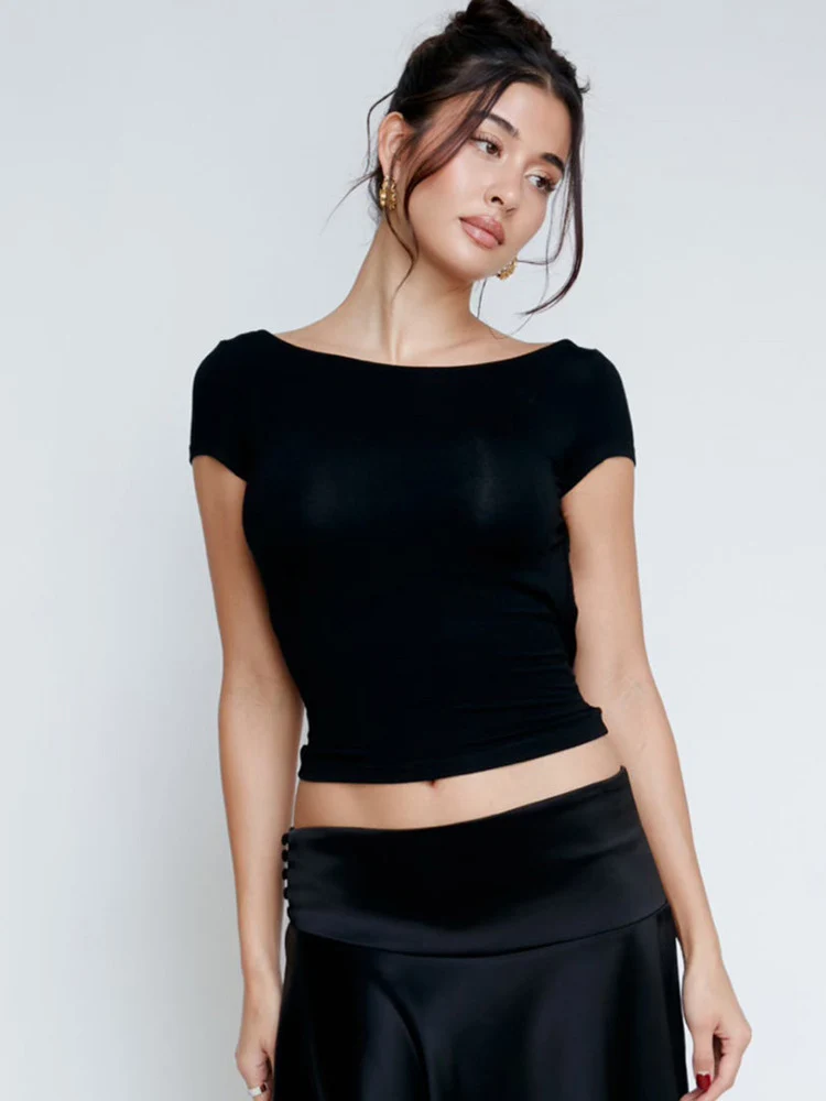 Women's O Neck Short Sleeve Backless Ruched Crop Top Y2K Streetwear Summer Spring Casual T-Shirt Dropshipping image 4