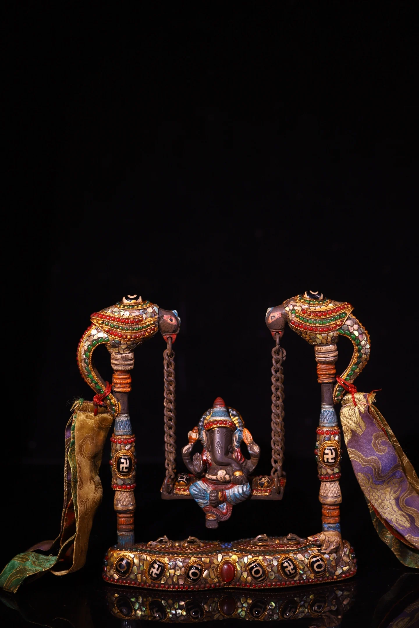 Old Lima Copper Cinnabar Painted Mosaic Gem gZi Beads Shell GANESH Sitting Buddha Parrot statue Buddha Swing Town house