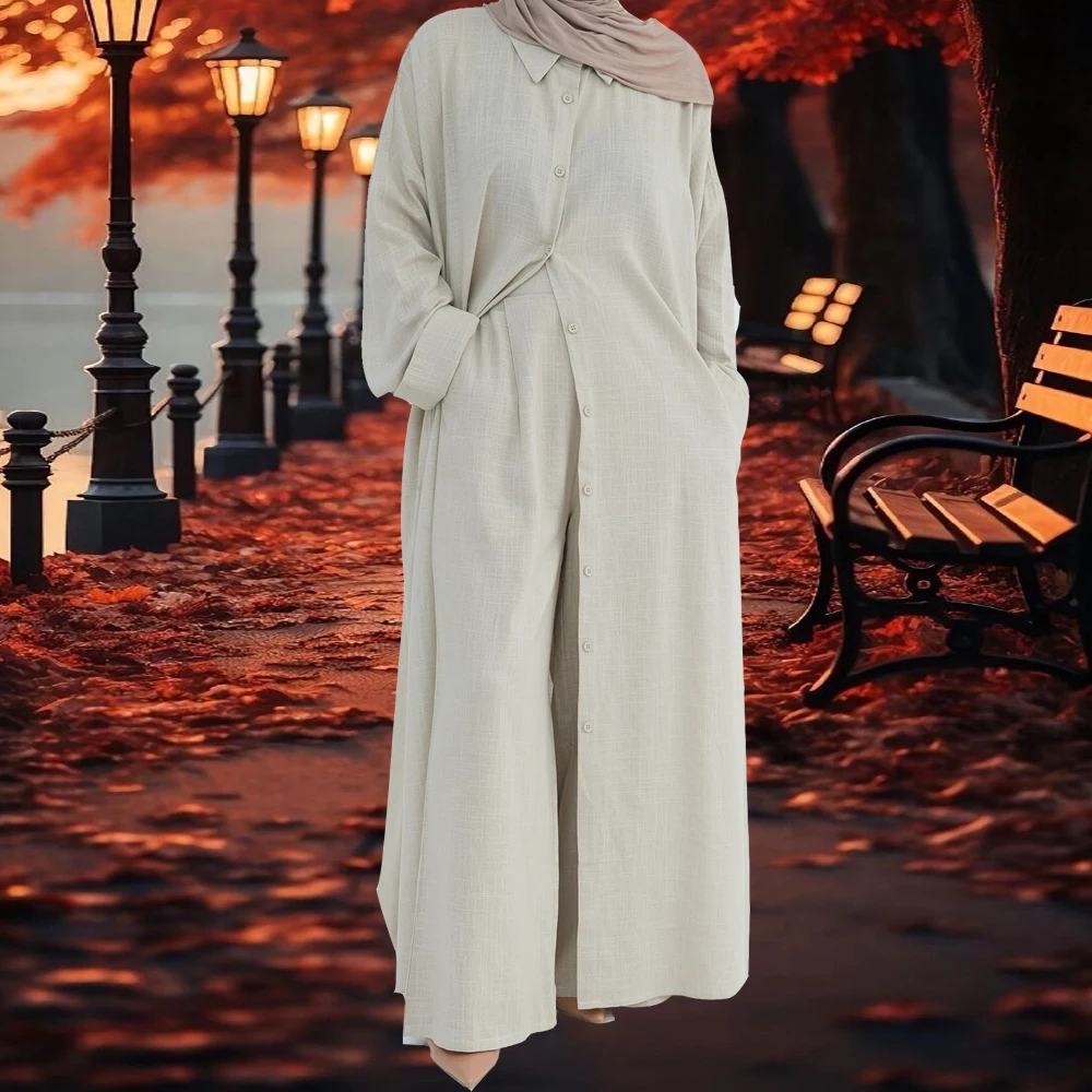 

Modest Muslim Sets Women Button Long Dress Kimono Pants 2 Piece Abaya Dubai Kaftan Turkey Outfits Kebaya Islam Clothing Ramadan
