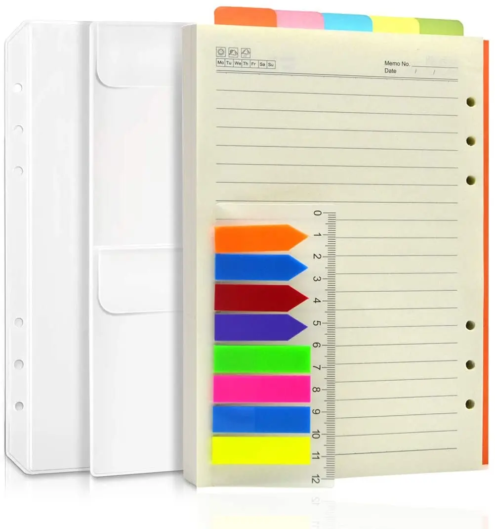 A5 A6 6 Ring Planner Accessories (Refill Paper Lined, 5 Colorful Index Dividers, Loose Leaf Pockets, Color Label Ruler