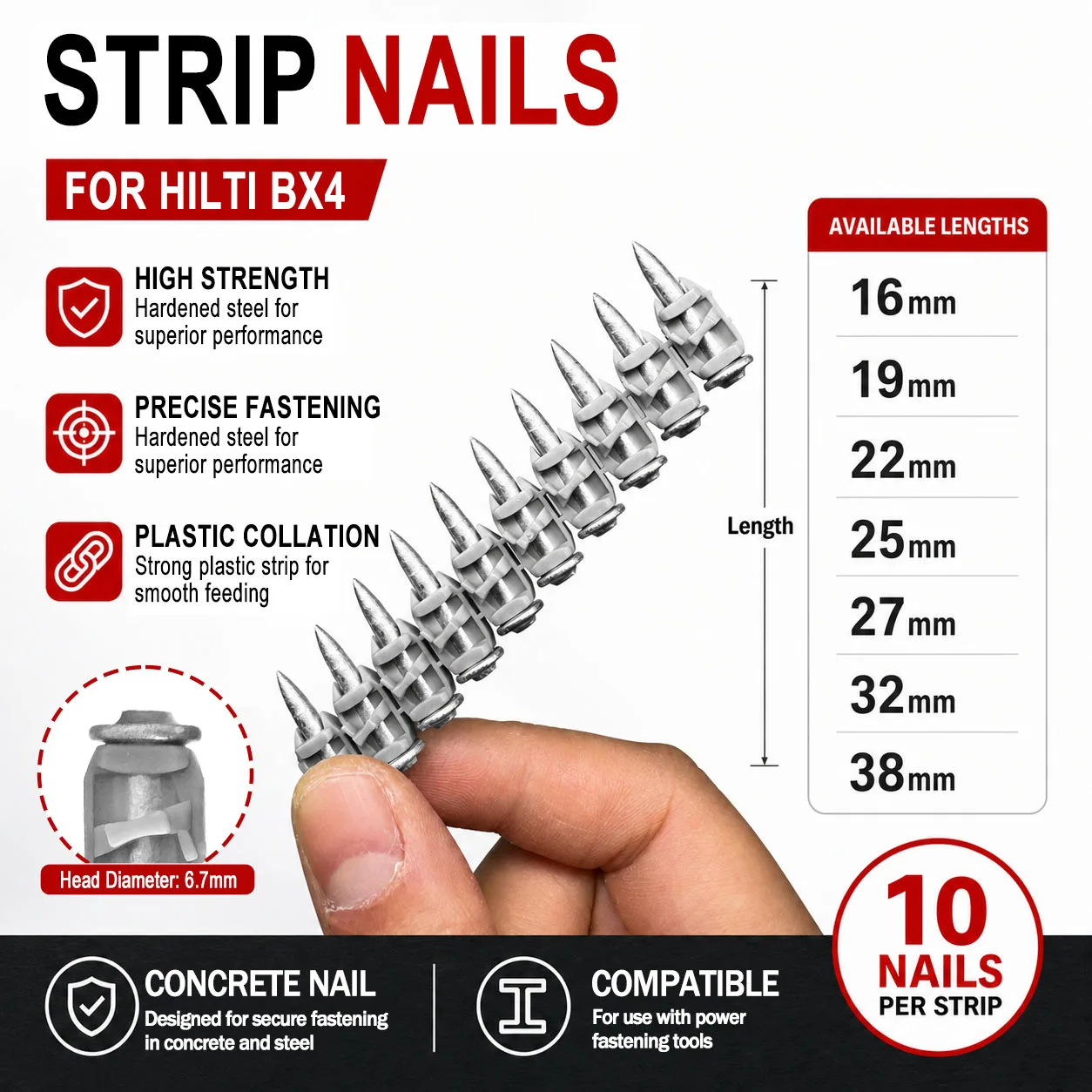 1500PCS Compatible with Hilti BX4 Concrete Strip Nails Plastic Collated Carbon Steel Fastening Nails 16/19/22/25/27/32/38mm