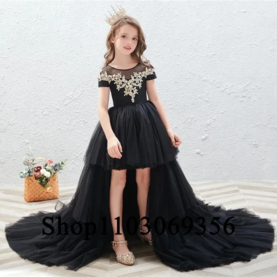 Vestido de fiesta de primera comunión, vestido de encaje negro para niña de flores, exquisita línea A, cuello redondo, escalonado, Princesa, boda, cumpleaños