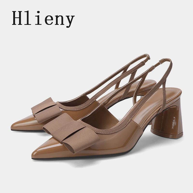 

Hlieny Vintage Brown Elastic Butterfly Knot Designer High Heels Sandals Patent Leather Pointed Toe Slingbacks Shoes Women Pumps