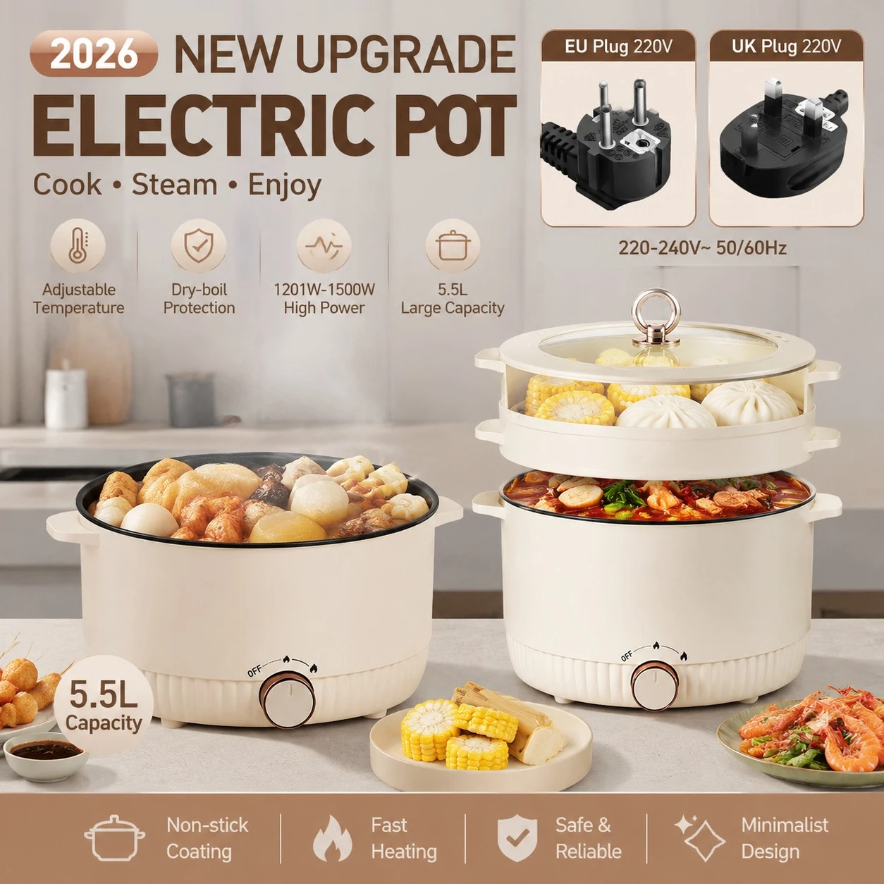 2026 New Upgrade 5L Electric Rice Cooker For Household 3-5 Persons Non-stick Pot 220V Rice Cooker Mechanical MultiCooker Steamed