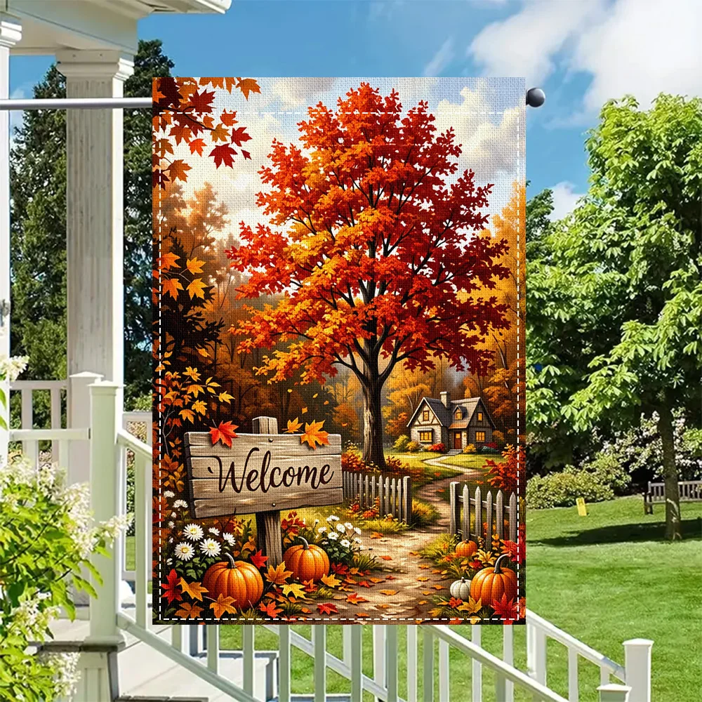 1pc Fall Welcome Garden Flag, Fall Maple and Pumpkin Patch Scene, Duplex Print, Perfect for Patio and Outdoor Seasonal Decor (Po